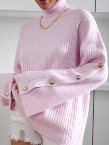 EURMUSE 女士淡粉色纽扣休闲毛衣 - 淺粉色 - 查看 6