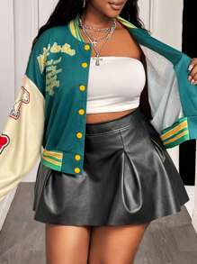 Slaydiva Spring & Autumn 2025 New Street Casual & Daily Casual & College Style Green & Beige Contrast Color Loose 24 Number & Slogan Print Long Sleeve Front Open Women Plus Size Short Jacket Winter Fall