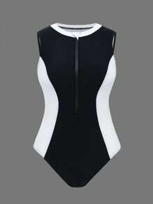 Swim SPRTY 女士撞色拼接圆领无袖拉链装饰连体泳衣，适合海滩度假