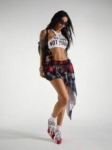 StreetHx Women Asymmetric Hem Contrasting Plaid Ruffle Trim Skirt - Multicolor - View 5