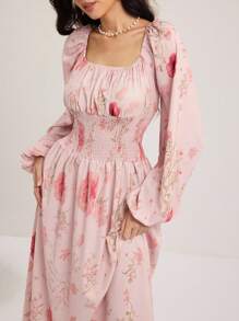 Modelyn 女士花卉印花蝙蝠袖方领长裙 - 粉色 - 查看 1