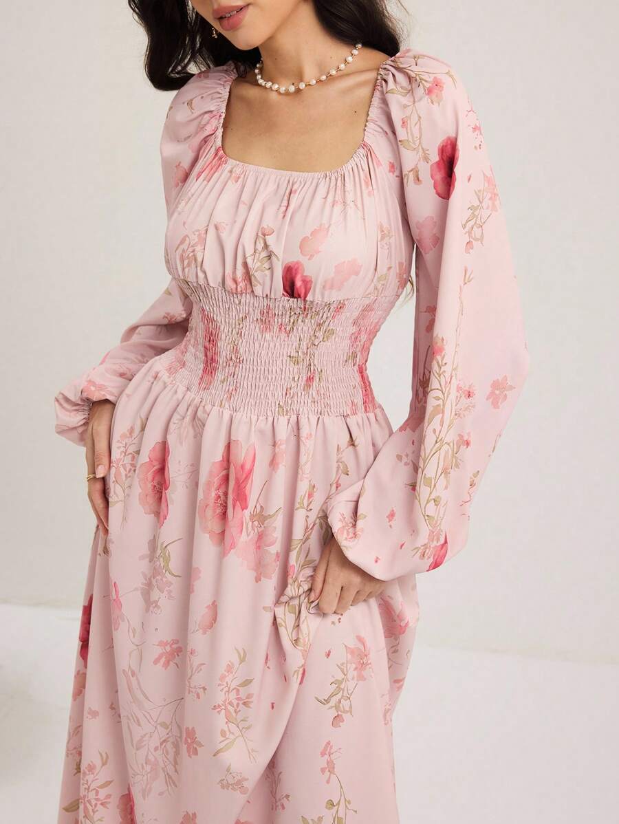 Modelyn 女士花卉印花蝙蝠袖方领长裙 - 粉色 - 查看 1