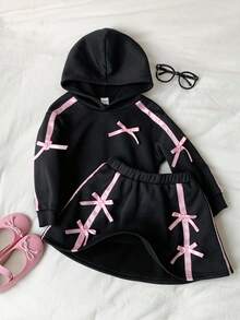 2pcs/Set Young Girl Solid Color Thermal Lined Loose Hoodie Sweatshirt And Mini Skirt Set - Black - View 7