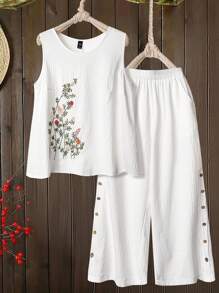EMERY ROSE Women Vintage Elegant Sleeveless Embroidered Jumpsuit - White - View 1
