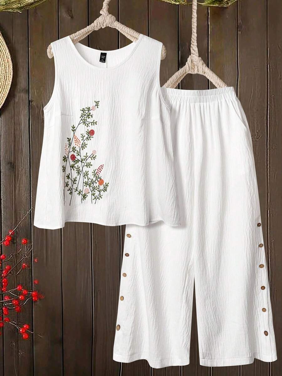 EMERY ROSE Women Vintage Elegant Sleeveless Embroidered Jumpsuit - White - View 1