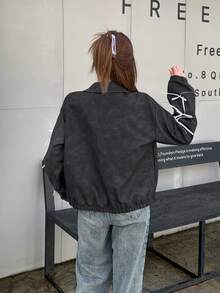 SHEIN 青少年女孩外套夹克秋冬/黑色/口袋/蝴蝶结/开襟夹克/运动夹克/街头/时尚/棒球夹克/ - 黑色 - 查看 2