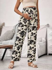 SHEIN Women Maternity Casual High Waist Plant Printed Pants, Autumn - Khaki - View 3