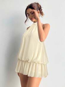 Aloruh Women Solid Open Back Tie Halter Neck Ruffle Hem Mini Dress - Apricot - View 5