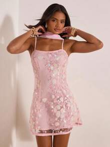 Opulessa 1 chiếc váy mini trang trí sequin dệt trơn màu dành cho nữ - Hồng - Xem 6