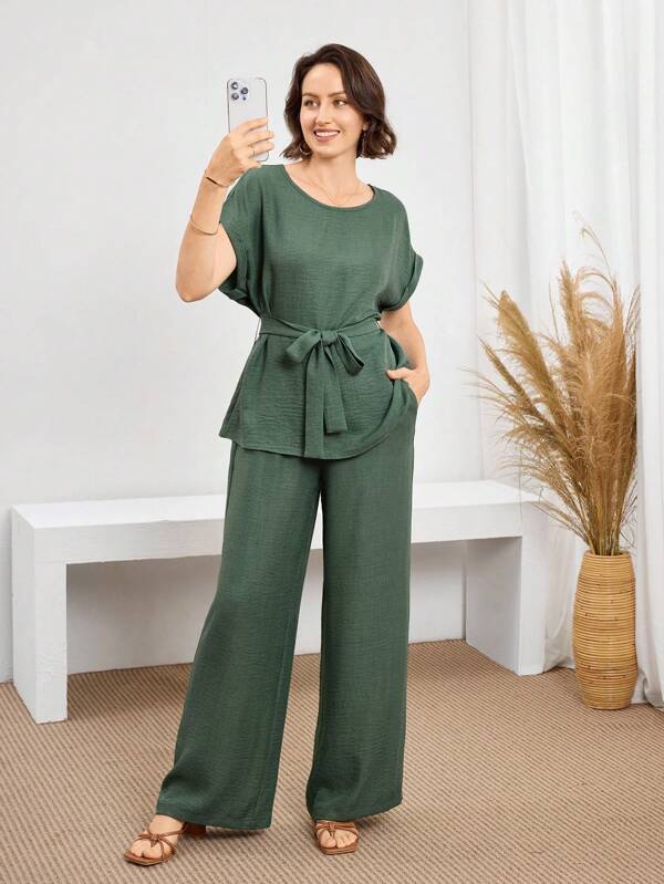 Miaspire 2 Pieces Women Set: Casual Waistband Top And Straight Leg Pants, Suitable For Outings