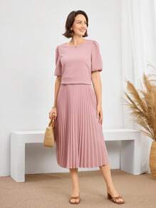 Miaspire 优雅泡泡袖衬衫和褶皱 A 字裙两件套服装 - 粉色 - 查看 4