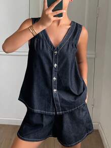 Livesso Ensemble femme avec top ample sans manches col V et short en jean décontracté