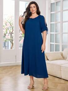 SHEIN Lacomfia Plus Size Solid Color Simple Casual Elegant Tie Cuff Mini Dress