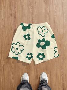 Manfinity Joysei 男士花卉印花宽松针织短裤，适合夏季 - 綠色 - 查看 2