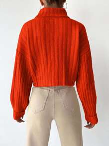 EURMUSE Women Solid Color High Collar Drop Shoulder Ribbed Knit Cropped Casual Sweater,Jumper,Cream Jumper,Jumpers,Black Jumper,Womens Jumper,White Jumper,Women's Jumper,Women's Jumpers,Winter Clothes - Orange - View 2