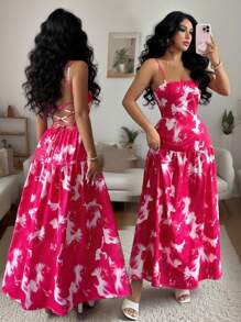 Selianne Đầm dài ôm dáng cho kỳ nghỉ xuân hè dành cho nữ, họa tiết hoa lớn bất đối xứng màu đỏ hồng, đơn giản, thanh lịch, dây đeo sau lưng lớn, khâu eo, hai lớp, dáng chữ A, váy xòe nhóm lớn, váy mùa hè cho nữ, trang phục đi nghỉ cho nữ, váy dự tiệc cưới cho nữ, váy hở lưng cho nữ - Nhiều màu - Xem 1