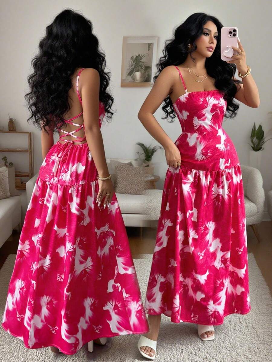 Selianne Đầm dài ôm dáng cho kỳ nghỉ xuân hè dành cho nữ, họa tiết hoa lớn bất đối xứng màu đỏ hồng, đơn giản, thanh lịch, dây đeo sau lưng lớn, khâu eo, hai lớp, dáng chữ A, váy xòe nhóm lớn, váy mùa hè cho nữ, trang phục đi nghỉ cho nữ, váy dự tiệc cưới cho nữ, váy hở lưng cho nữ - Nhiều màu - Xem 1
