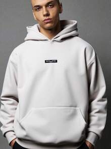 青少年男孩灰色丝带印花装饰简约廓形运动衫，休闲校园风格，舒适时尚，百搭，柔软面料，适合日常穿着、上学、外出、户外运动