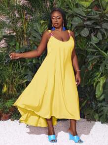 Slaydiva Plus Size Summer Solid Color Big Swing Cami Chain Dress - Yellow - View 1