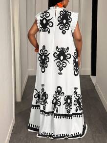 Slaydiva Đầm dài dáng rộng in hoa cho nữ cỡ lớn, cổ cao giả, bèo nhún, kiểu dáng đi nghỉ mát. - Đen và trắng - Xem 2