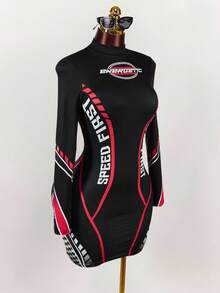 Amplova Đầm ôm sát cổ đứng in chữ khối màu - màu đen - Xem 6