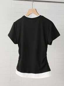 少女圆领短袖褶皱休闲T恤 - 彩色 - 查看 5