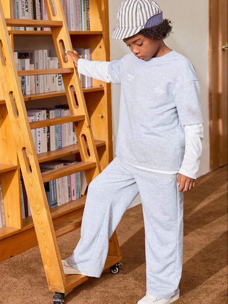 JNSQ 青少年男孩两件套服装套装，圆领长袖撞色拼接运动衫，带有有趣的字母印花图案和宽松运动裤，适合秋冬日常穿着、户外活动、度假、街头服饰、派对和休闲场合 - 灰色 - 查看 9
