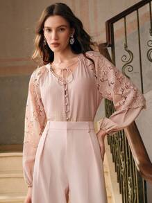 Anewsta Women's Lace Patchwork Fashion Casual Elegant V-Neck Loose Long Sleeve Shirt - Pink - View 4