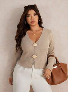 Elaquor 大码女式休闲基本款百搭都市时尚金属扣装饰弹性罗纹 V 领纯色长袖 T 恤，秋季 - 卡其色 - 查看 5