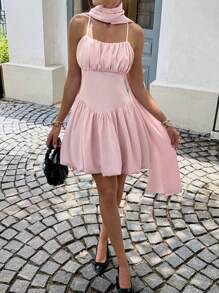 SHEIN Frenchy Cute Y2K Teacher Outfits For Women - 2025 New Pink Summer Dress With Waist Cinching, Spaghetti Strap, Ruffle Design - Perfect For Vacation, Dating, Afternoon Tea, Wedding Guest, Daily & Commuting - Autumn & Summer Essential Casual - Baby Pink - View 8