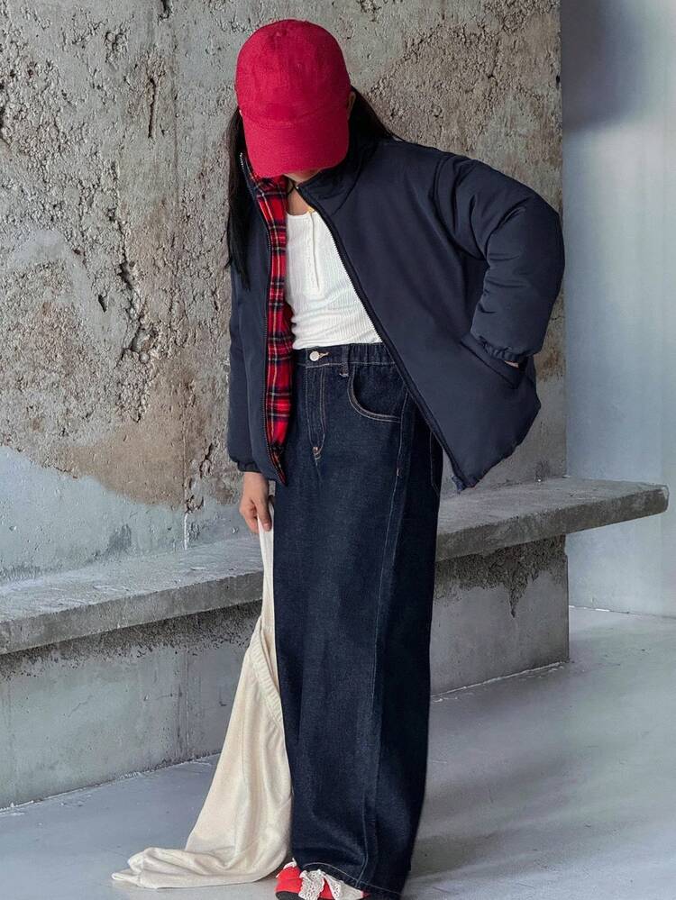 Tween Girls Korean Style Casual Solid Color Long Sleeve Jacket, Winter