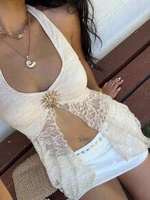 MainGRL Apricot Color Metallic Decor Lace Open Slit Hem Sexy Halter Neck Camisole Top For Women