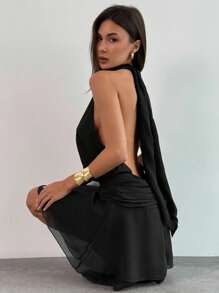 Aloruh Nuevo vestido mini dulce con diseño de lazo en espalda abierta, cuello halter y volante en el bajo, sin mangas y resistente a las arrugas, para primavera/verano - Negro - Ver 2