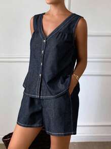 Livesso Ensemble femme avec top ample sans manches col V et short en jean décontracté