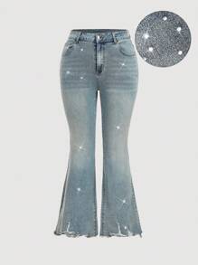 SHEIN MOD Plus Size Light Blue Summer Kawaii Night Out Club Acid Wash Rhinestone Embellished Flare Jeans,Retro Elastic Tight Flared Pants,Country Concert,Rave - Medium Wash - View 2