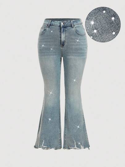 SHEIN MOD ยีนส์ฟลาร์เอวสูงพ้อคาสวย รูปแบบคาวบอย ประดับคริสตัล, กางเกงขาบานยืดหยุ่นลายย้อนยุคสไตล์คลับ ประดับเพชรเรืองแสง,สำหรับผู้หญิงไซส์ใหญ่ เหมาะสำหรับคอนเสิร์ตสไตล์คันทรี,วันเกิด,งานราเวล์,งานรับประทานอาหารกลางวัน,สไตล์คนรวย,ยีนส์,เสื้อผ้าคาวบอยสำหรับผู้หญิงไซส์ใหญ่,งานปาร์ตี้สำหรับผู้หญิง