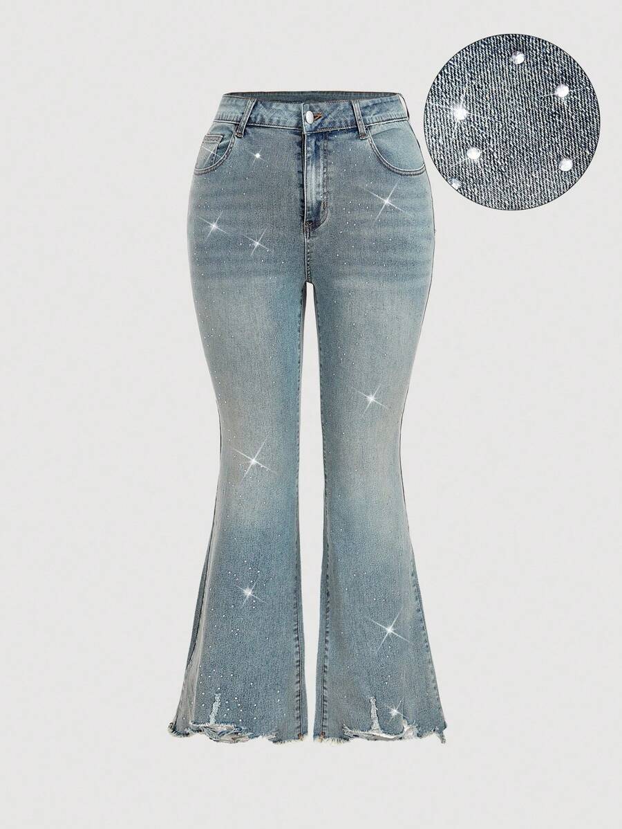 SHEIN MOD Plus Size Light Blue Summer Kawaii Night Out Club Acid Wash Rhinestone Embellished Flare Jeans,Retro Elastic Tight Flared Pants,Country Concert,Rave