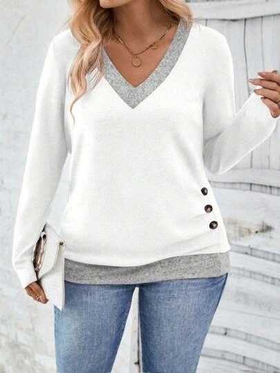 EMERY ROSE Plus Size Women Casual Button Decor Contrast Trim Long Sleeve T-Shirt Fall Cloth For Women