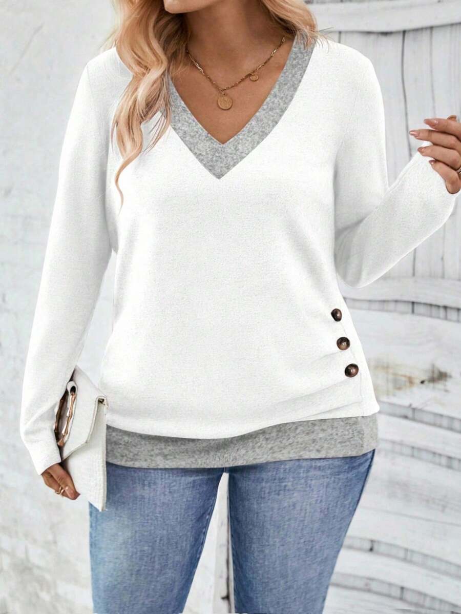 EMERY ROSE 大码女式休闲纽扣装饰撞色边长袖T恤 - 彩色 - 查看 1