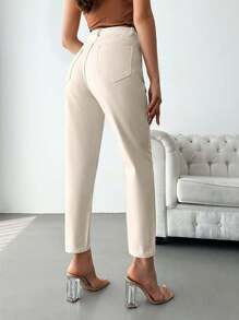 女式休闲纯色斜口袋锥形牛仔裤 - 米色 - 查看 2