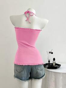 Elamini Blusa de cuello halter con volantes y botones decorativos para mujer - Rosado Sandía - Ver 2