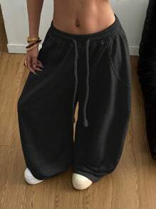 Coolane 女士夏季街头休闲宽松弹力腰带舒适弯刀裤 - 黑色 - 查看 4