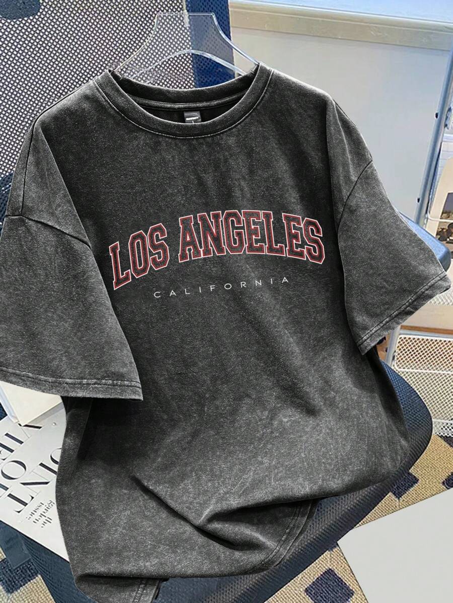 Manfinity Joysei Plus Size Men Casual Los Angeles Letter Graphic Print T-Shirt, For Going Out, Boyfriend Gift