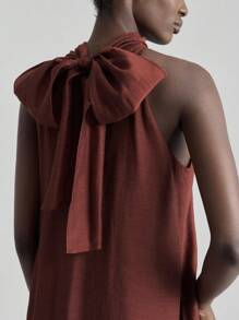 Ontre 2025 秋季新款女士长款连衣裙，围巾式领口和喇叭形，无袖二合一极其优雅的风格，包含醋酸纤维和亚麻，天丝材料，女士优雅连衣裙，度假连衣裙，极简主义连衣裙，休闲连衣裙，夏威夷风格秋季连衣裙