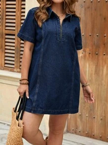 SHEIN PETITE CURVE Plus Size Summer Fall Clothes Autumn Clothes Back To School Homecoming Cute 2000s Style Teacher Outfits For Women Airport Outfit For Women Modest Old Money Tulum Women Half Zip Up Collar Loose Denim Blue Dress For Summer Birthday Dresses For Women Dresses For Women Elegant Vacation Dress Old Money Dress Modest Dress