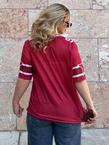 Jeta Ari Women's Numeric Print Short Sleeve Mesh Colorblock Loose Fit Sports T-Shirt, Spring/Summer Graphic Tees Women Tops - Red - View 2