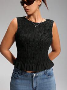 LYSMO 大码夏季波西米亚风女式弹力褶皱背心，商务休闲女式黑色无袖上衣，夏季束腰女式上衣，返校季，荷叶边上衣，情人节 - 黑色 - 查看 4