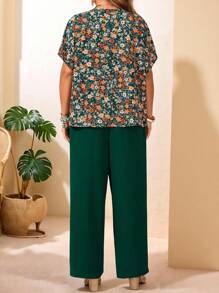 EMERY ROSE Plus Size 2 Pieces Set Country Vacation Casual Small Floral Raglan Sleeve Loose Shirt Top And Green Trousers, Simple Fashion Casual Daily Wear, Suitable For Spring And Summer Vacation Two Pieces Set Country Concert Outfit Country Outfits Women - Multicolor - View 2