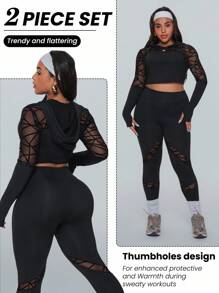 Easithlete 大码女式几何网眼拼接短款上衣和紧身裤运动套装健身女式套装 - 黑色 - 查看 1