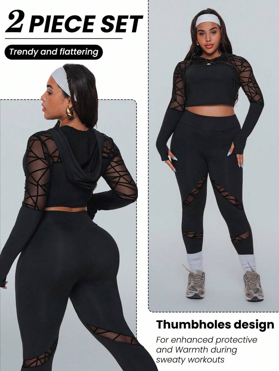 Easithlete 大码女式几何网眼拼接短款上衣和紧身裤运动套装健身女式套装 - 黑色 - 查看 1